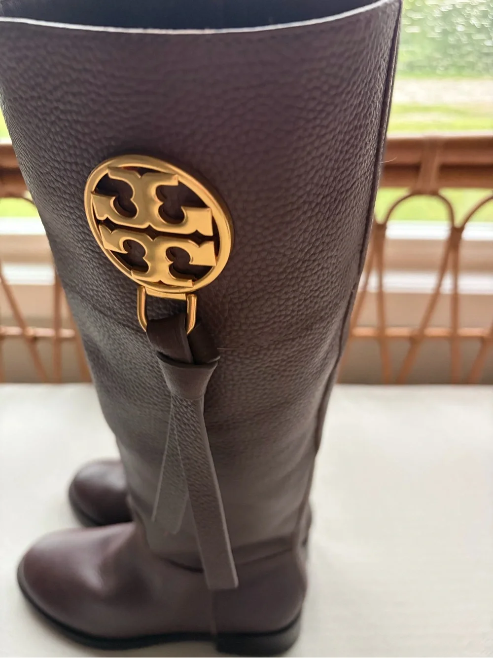 Tory Burch Pebbled Dark Brown Leather Tall Boots with Gold Hardware